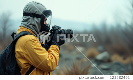 Photographer wearing gas mask taking photos in polluted area 123382491