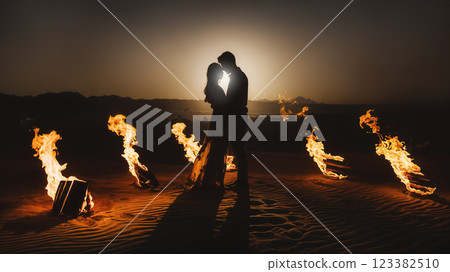 Couple kissing in desert with fire at sunset, romantic background concept 123382510