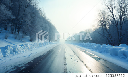 Wet asphalt road leading into snowy winter forest at sunrise 123382512