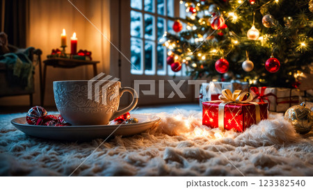 Christmas eve with hot beverage near decorated tree and gifts 123382540
