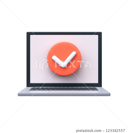 3D Approval or Successful Completion Sign. Round red check mark on laptop screen. 123382557