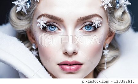 Beautiful woman showing winter fashion makeup with snowflakes 123382613