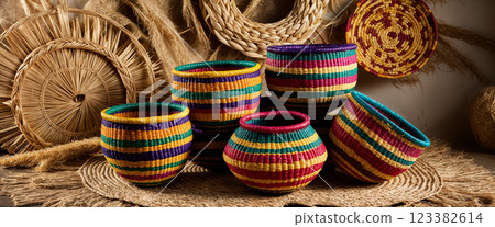 Colorful handmade baskets representing rwandan craftsmanship promoting fair trade Colorful handmade baskets representing rwandan craftsmanship promoting fair trade 123382614