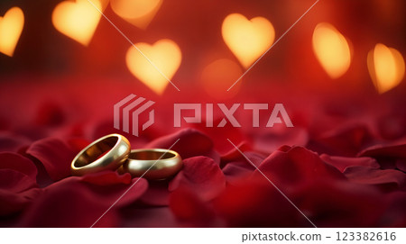 Two golden wedding rings lying on red rose petals with heart shaped bokeh background 123382616