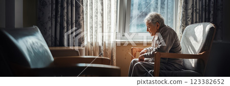 Lonely senior woman sitting by window feeling sad and depressed in nursing home 123382652