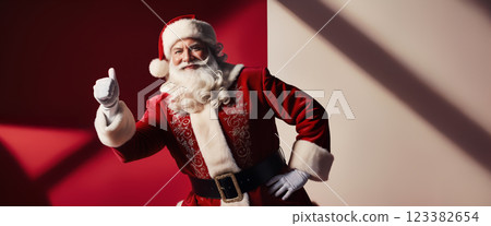 Santa claus showing thumbs up gesture on christmas background 123382654