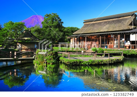 [山梨縣] 夏季的富士山（紅富士）和忍野八海（中池） 123382749