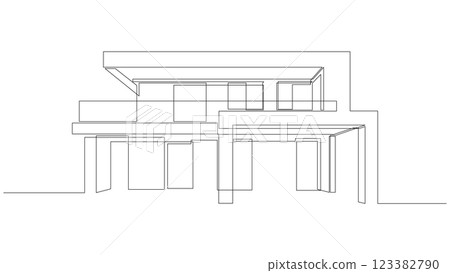 Modern house architecture continuous one line drawing. Single line flat roof house or commercial building. Vector illustration. 123382790