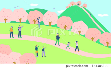 春季徒步旅行的人們的插圖 123383100