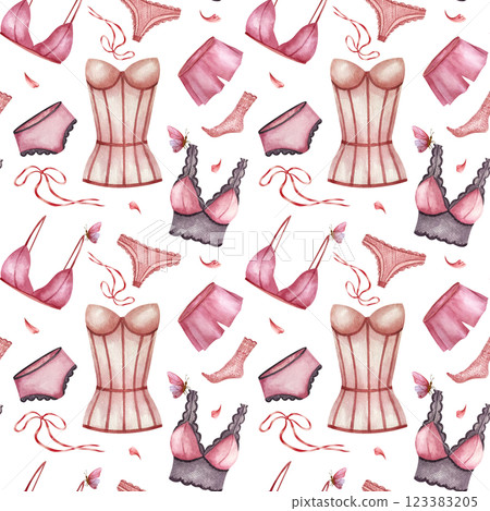 Seamless Pattern with Pink purple underwear, panties and lace socks. Women corset, pyjamas. Watercolor illustration isolated from background. Perfect for wrapping paper, packaging in lingerie stores 123383205