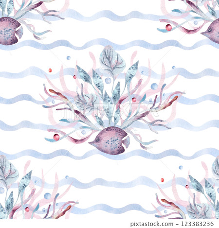 Watercolor seamless marine pattern with fish, seaweeds on wavy blue stripes isolated on white. Sea waves on nautical repeated background hand painted for beach style fabric, packaging, wallpaper. 123383236