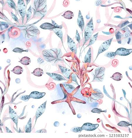 Seabed in soft pastel tones on seamless watercolor pattern with fish, starfish, and sea plants on white. Ocean underwater world repeated background hand painted for beach decor, summer textiles. 123383237