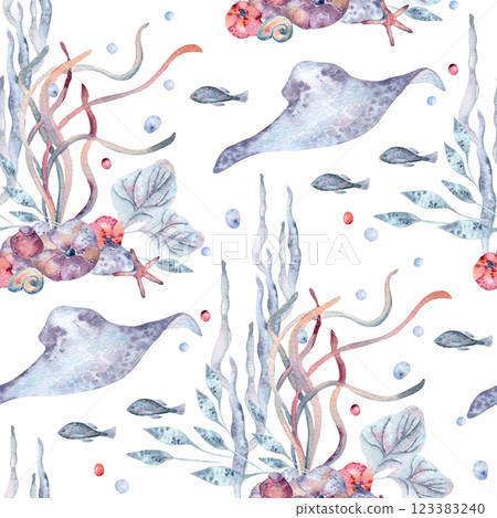 Underwater repeat texture of marine life, stingrays, fish, and seaweed in soft pastel colors watercolor on white. Ocean creatures hand drawn seamless pattern for marine design print, home textile. 123383240