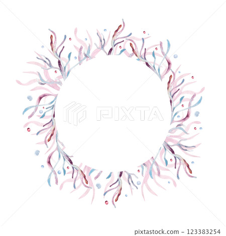 Undersea circle frame in pink monochrome with coral, seaweed and sea plants watercolor isolated . Marine botanical wreath with bubbles in dusty pink tones hand drawn. Sea frame for nautical design. 123383254