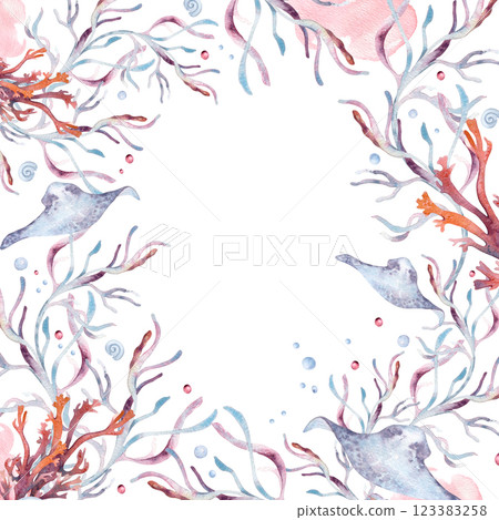 Underwater dusty pink monochrome frame with coral, stingray, and sea plants watercolor illustration isolated . Marine life fishes and bubbles in dusty blue tones hand drawn. Sea life template card 123383258