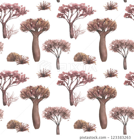 Seamless background with African baobabs and acacias hand painted isolated on white. Watercolor savanna landscape in warm earthy colors. Design for safari themed patterns, boho and travel prints. Seamless background with African baobabs and acacias hand painted isolated on white. Watercolor savanna landscape in warm earthy colors. Design for safari themed patterns, boho and travel prints. 123383263