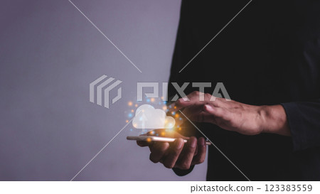 Young man with smartphone mobile hand touching to cloud computing diagram, Young man with smartphone mobile hand touching to cloud computing diagram, 123383559