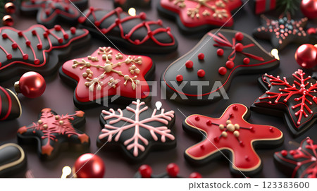 Red and black Christmas cookies in festive shapes 123383600