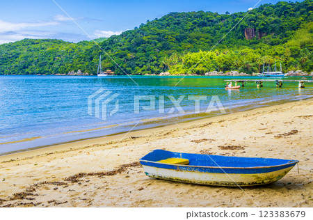 Boats ships Boat Mangrove and Pouso beach Ilha Grande Brazil. 123383679