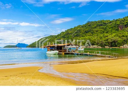 Mangrove and Pouso beach with swimming restaurant Ilha Grande Brazil. Mangrove and Pouso beach with swimming restaurant Ilha Grande Brazil. 123383695