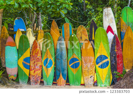 Colorful Surfboards brazilian flag Ilha Grande Rio de Janeiro Brazil. Colorful Surfboards brazilian flag Ilha Grande Rio de Janeiro Brazil. 123383703