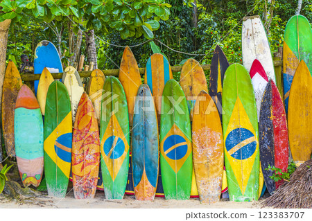 Colorful Surfboards brazilian flag Ilha Grande Rio de Janeiro Brazil. 123383707