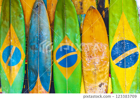 Colorful Surfboards brazilian flag Ilha Grande Rio de Janeiro Brazil. 123383709