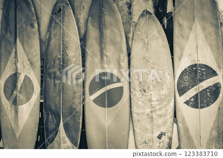 Cool Surfboards brazilian flag Ilha Grande Rio de Janeiro Brazil. 123383710