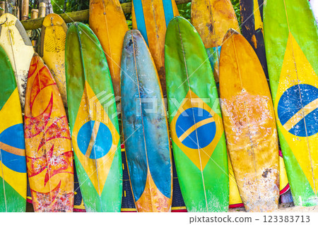 Colorful Surfboards brazilian flag Ilha Grande Rio de Janeiro Brazil. Colorful Surfboards brazilian flag Ilha Grande Rio de Janeiro Brazil. 123383713