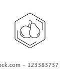 Pear and apple icon inside hexagonal frame on white background. Vector fruit black line pictogram. Tropical themes, fruits, pollen, field honey in a minimalistic style. 123383737