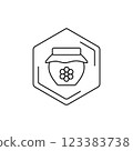 Honey jar icon with hexagonal outline in black and white. Vector black line pictogram. Tropical themes, pollen, field honey in a minimalistic style 123383738