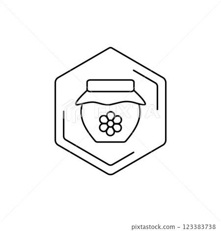Honey jar icon with hexagonal outline in black and white. Vector black line pictogram. Tropical themes, pollen, field honey in a minimalistic style 123383738