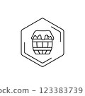 Honey barrel line icon in hexagonal frame on white background. Vector black line pictogram. Tropical themes, pollen, field honey in minimalistic style 123383739
