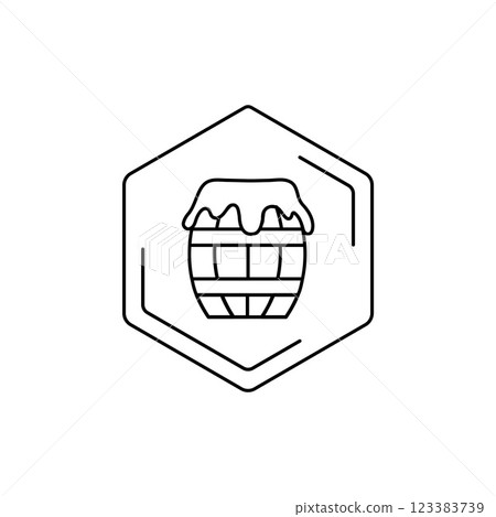 Honey barrel line icon in hexagonal frame on white background. Vector black line pictogram. Tropical themes, pollen, field honey in minimalistic style 123383739