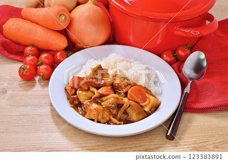 Classic curry rice made with chicken, potatoes, carrots, shimeji mushrooms and onions. Classic curry rice made with chicken, potatoes, carrots, shimeji mushrooms and onions. 123383891