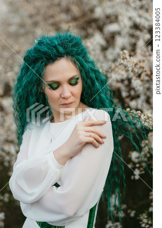 young girl bride with green hair in a national dress young girl bride with green hair in a national dress 123384005
