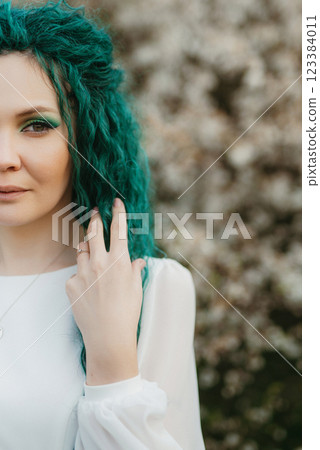 young girl bride with green hair in a national dress young girl bride with green hair in a national dress 123384011
