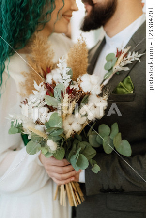 meeting of the bride and groom in the hotel 123384201