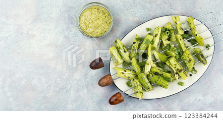 Vegan barbecue, celery skewers. 123384244