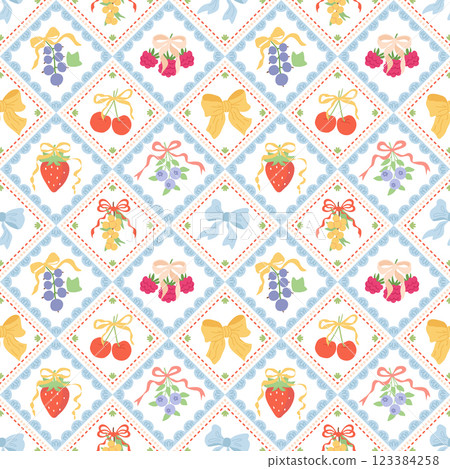 Summer coquette berry and fruits seamless pattern. Vector preppy wallpaper. Ribbons and bows patchwork print 123384258