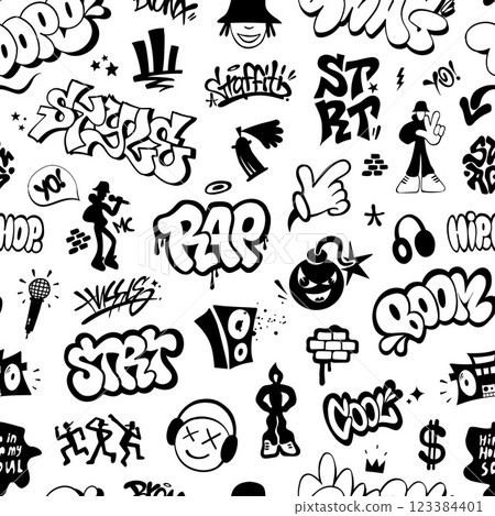 Rap music graffiti street art style - seamless background , vector design element Rap music graffiti street art style - seamless background , vector design element 123384401