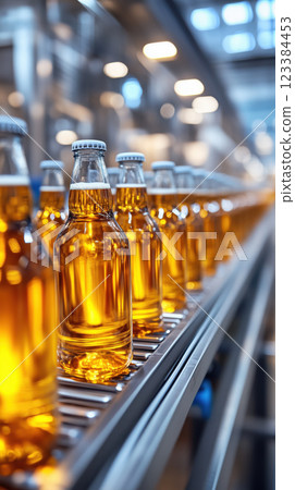 Automated bottling line with glass bottles of amber liquid in factory 123384453