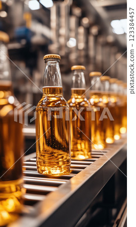 Automated liquor bottling line with glass bottles in modern factory 123384457