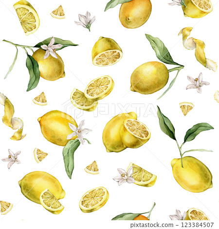 Seamless pattern with watercolor illustration of slice and whole lemon, peel or zest Lemon. Repeat ornament Hand painted lemon branch with green leaf and white flowers on white isolated background. 123384507