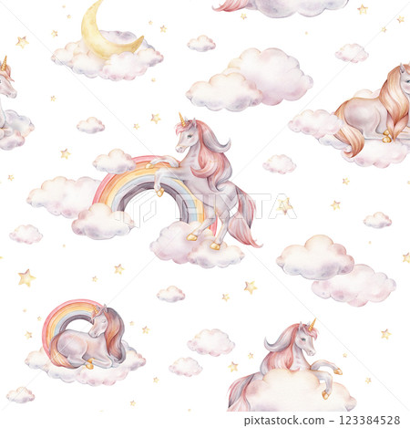 Seamless watercolor pattern with Unicorn and yellow stars, and clouds, rainbow. Hand drawn Illustrations of background for nursery wallpaper, baby textiles, or children paper. Pastel colors pony 123384528