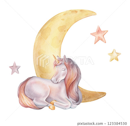Watercolor hand drawn illustration of the Unicorn sitting on background moon, stars. Cute rainbow color horse for Baby shower invitations or nursery wall art. Pastel Fantasy pony for kids cards. Watercolor hand drawn illustration of the Unicorn sitting on background moon, stars. Cute rainbow color horse for Baby shower invitations or nursery wall art. Pastel Fantasy pony for kids cards. 123384530
