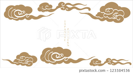 Japanese background with hand drawn line cloud pattern vector. Vintage template with geometric pattern border and frame design. 123384536