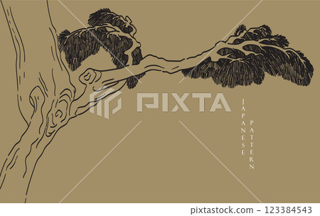 Black and white bonsai tree or pine tree elements. Japanese background with Asian traditional icon vector. Natural art with brown background in vintage style. Bonsai tree element. 123384543