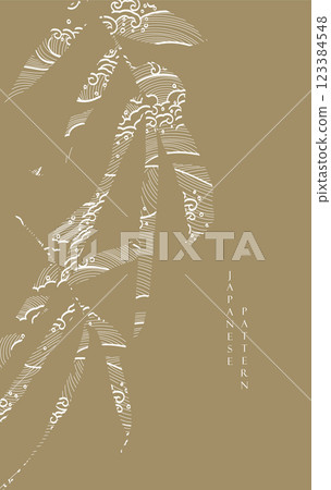 Hand drawn branch of bamboo branch of leaf with Japanese wave pattern vector. Oriental decoration with logo design, flyer or presentation in vintage style. Hand drawn branch of bamboo branch of leaf with Japanese wave pattern vector. Oriental decoration with logo design, flyer or presentation in vintage style. 123384548