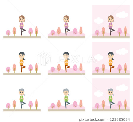 People doing yoga poses in the nature of the four seasons, health, exercise 123385034
